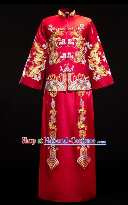 Chinese Traditional Bridegroom Wedding Costumes Tang Suit Red Mandarin Jacket and Long Gown for Men