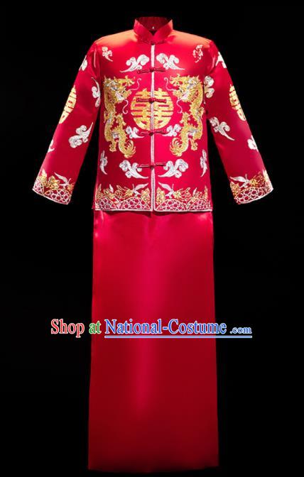 Chinese Traditional Bridegroom Wedding Embroidered Costumes Tang Suit Xiuhe Suits Red Mandarin Jacket and Long Gown for Men