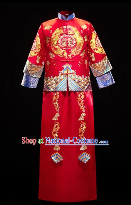 Chinese Traditional Bridegroom Wedding Costumes Tang Suit Xiuhe Suits Red Mandarin Jacket and Long Gown for Men