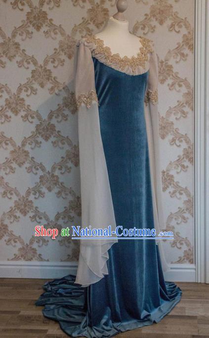 European Medieval Traditional Court Costume Europe Renaissance Drama Stage Performance Blue Velvet Dress for Women