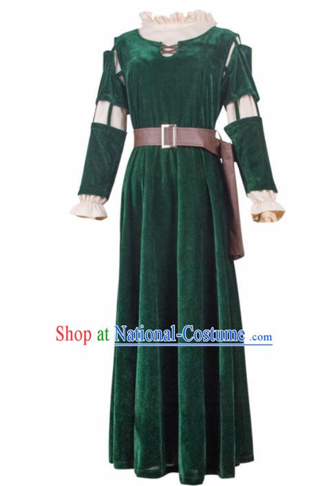 Traditional Europe Middle Ages Green Velvet Dress Halloween Cosplay Stage Performance Costume for Women