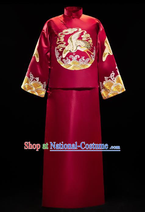 Chinese Traditional Bridegroom Wedding Embroidered Crane Costumes Tang Suit Xiuhe Suits Wine Red Mandarin Jacket and Long Gown for Men