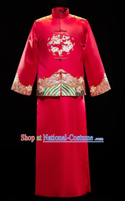 Chinese Traditional Bridegroom Wedding Embroidered Xiuhe Suits Costumes Tang Suit Wine Red Mandarin Jacket and Long Gown for Men