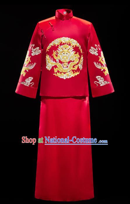 Chinese Traditional Bridegroom Wedding Embroidered Dragon Xiuhe Suits Costumes Tang Suit Wine Red Mandarin Jacket and Long Gown for Men