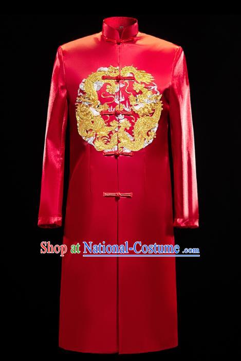 Chinese Traditional Bridegroom Wedding Embroidered Dragon Costumes Tang Suit Red Mandarin Jacket for Men