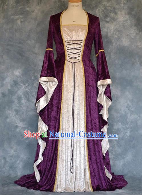 Traditional Europe Renaissance Court Purple Velvet Dress European Drama Stage Performance Halloween Cosplay Costume for Women