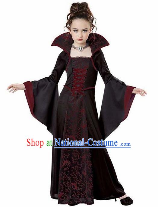 Traditional Europe Renaissance Wine Red Dress Stage Performance Halloween Cosplay Witch Costume for Kids