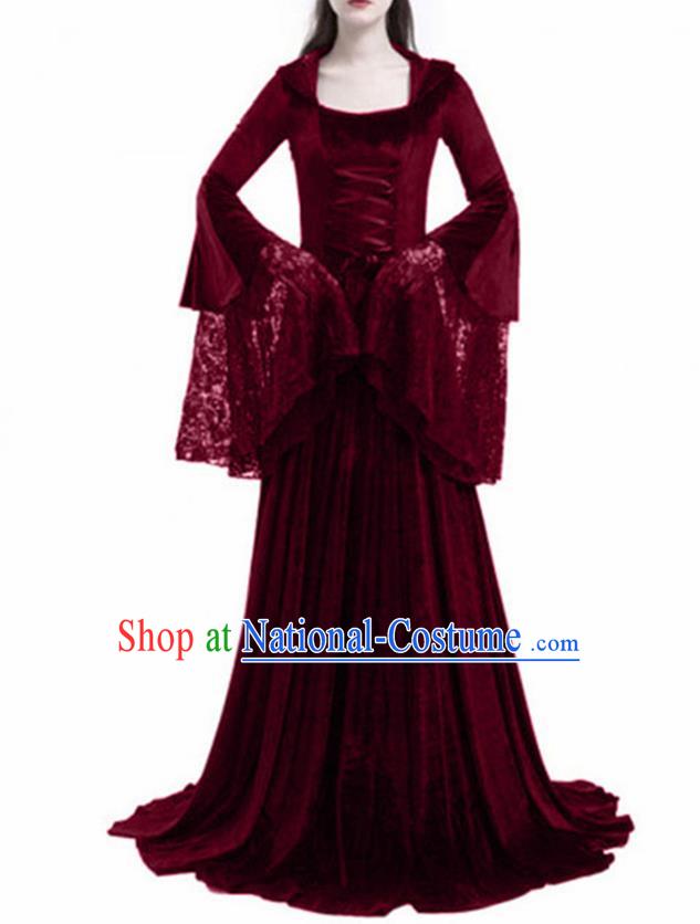 Traditional Europe Renaissance Wine Red Lace Dress Stage Performance Halloween Cosplay Princess Costume for Women