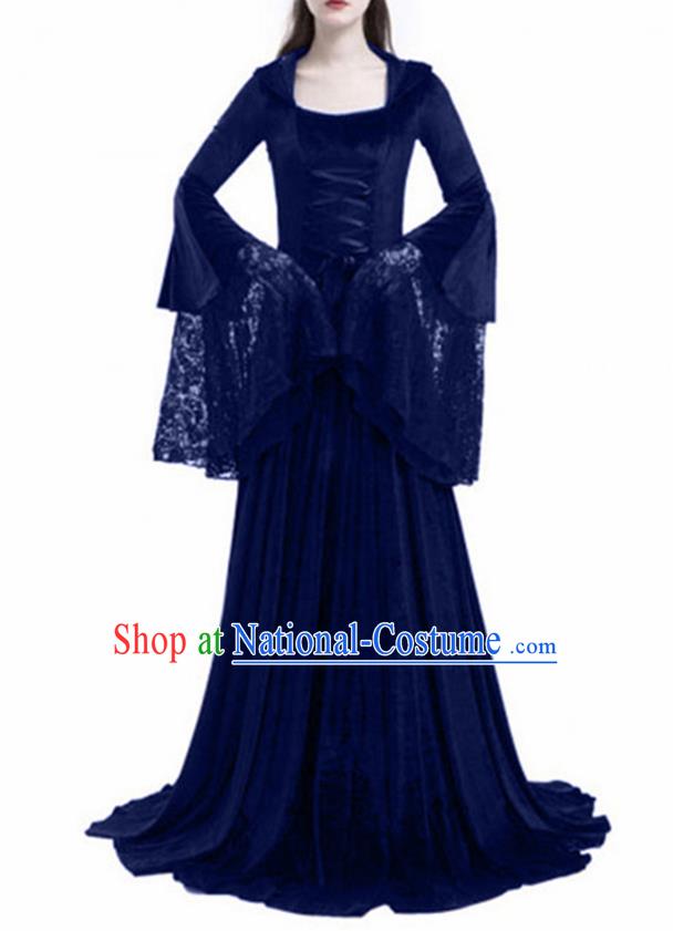 Traditional Europe Renaissance Royalblue Lace Dress Stage Performance Halloween Cosplay Princess Costume for Women