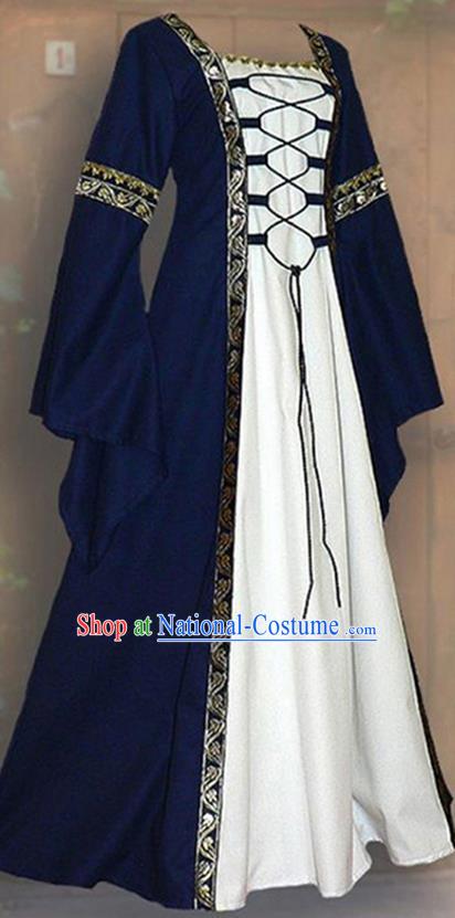 Traditional Europe Renaissance Deep Blue Dress Halloween Cosplay Stage Performance Costume for Women