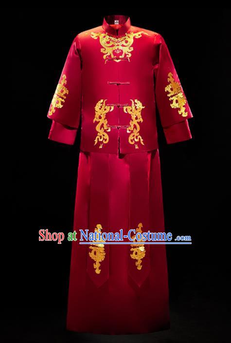 Chinese Traditional Tang Suit Dark Red Mandarin Jacket and Gown Ancient Bridegroom Wedding Embroidered Costumes for Men