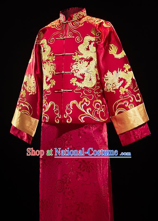 Chinese Traditional Tang Suit Embroidered Red Mandarin Jacket and Gown Ancient Bridegroom Wedding Costumes for Men