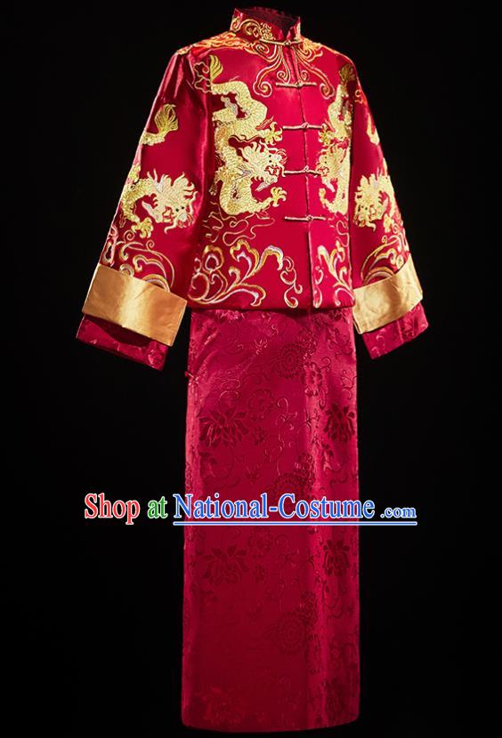 Chinese Traditional Tang Suit Embroidered Red Mandarin Jacket and Gown Ancient Bridegroom Wedding Costumes for Men