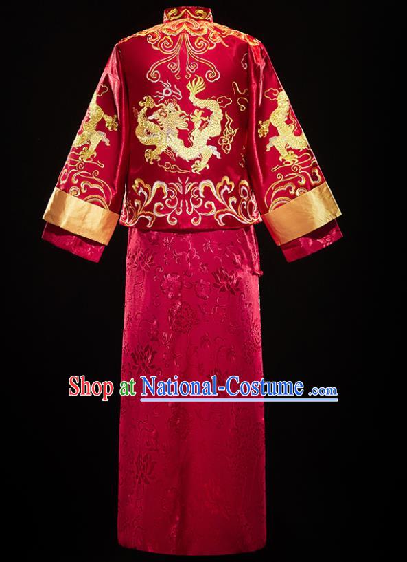 Chinese Traditional Tang Suit Embroidered Red Mandarin Jacket and Gown Ancient Bridegroom Wedding Costumes for Men