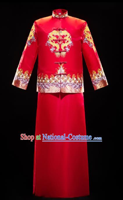 Chinese Traditional Embroidered Tang Suit Red Mandarin Jacket and Gown Ancient Bridegroom Wedding Costumes for Men