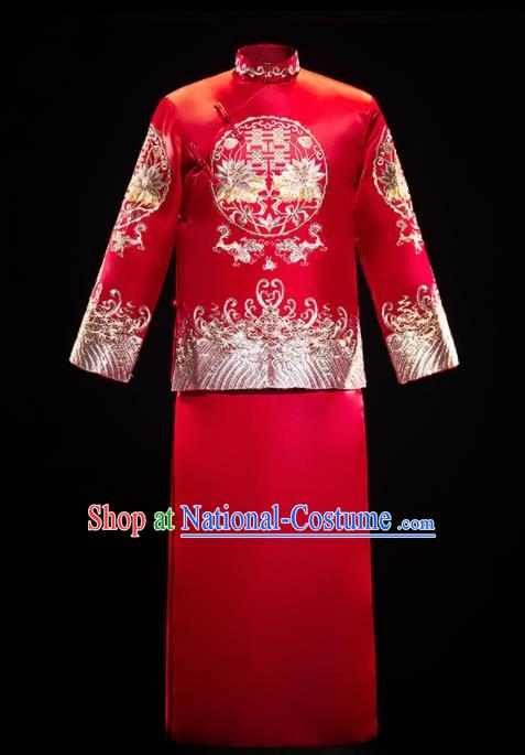 Chinese Traditional Embroidered Wedding Tang Suit Red Mandarin Jacket and Gown Ancient Bridegroom Costumes for Men