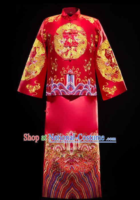 Chinese Traditional Embroidered Dragon Wedding Red Mandarin Jacket and Gown Ancient Bridegroom Tang Suit Costumes for Men