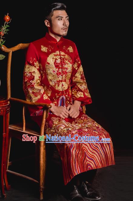 Chinese Traditional Embroidered Wedding Red Mandarin Jacket and Gown Ancient Bridegroom Tang Suit Costumes for Men