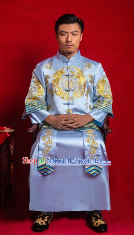 Chinese Traditional Embroidered Wedding Blue Mandarin Jacket and Gown Ancient Bridegroom Tang Suit Costumes for Men