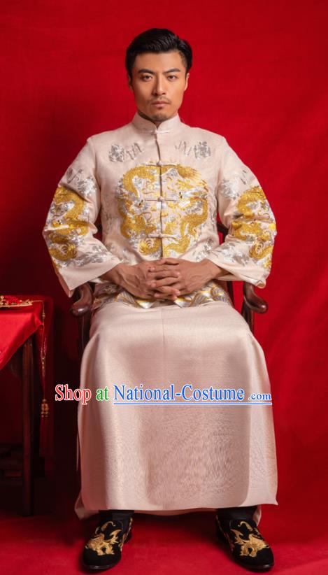 Chinese Traditional Embroidered Wedding Champagne Mandarin Jacket and Gown Ancient Bridegroom Tang Suit Costumes for Men