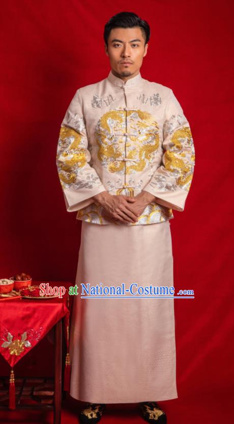 Chinese Traditional Embroidered Wedding Champagne Mandarin Jacket and Gown Ancient Bridegroom Tang Suit Costumes for Men