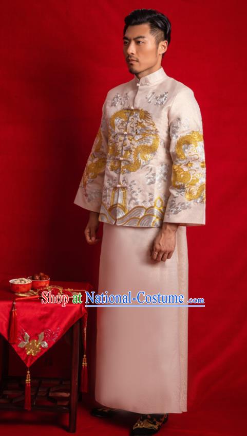 Chinese Traditional Embroidered Wedding Champagne Mandarin Jacket and Gown Ancient Bridegroom Tang Suit Costumes for Men