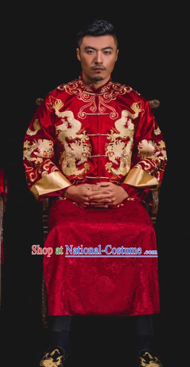 Chinese Traditional Wedding Embroidered Dragons Red Mandarin Jacket and Gown Ancient Bridegroom Tang Suit Costumes for Men