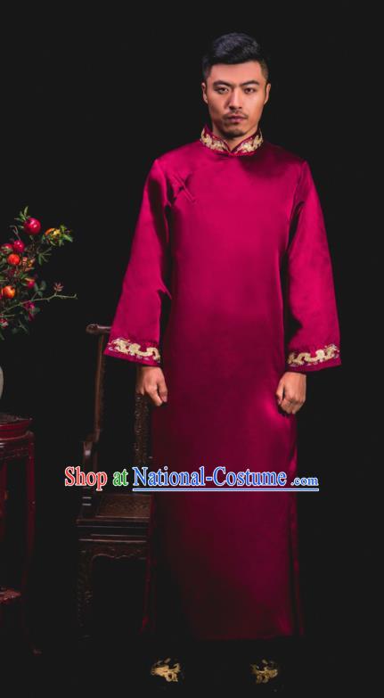 Chinese Traditional Wedding Embroidered Wine Red Gown Ancient Groomsman Tang Suit Costumes for Men