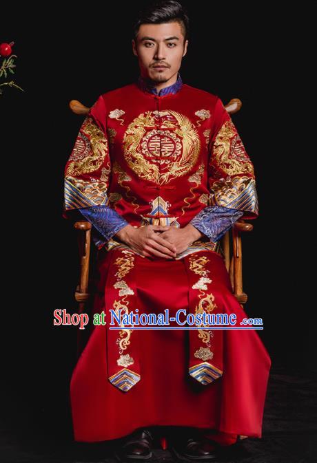 Chinese Traditional Wedding Embroidered Dragons Phoenix Red Mandarin Jacket and Gown Ancient Bridegroom Tang Suit Costumes for Men