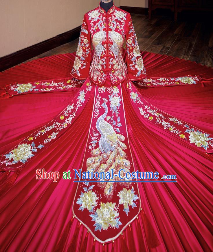 Chinese Traditional Wedding Toast Xiuhe Suit Ancient Bride Embroidered Peacock Full Dress for Women