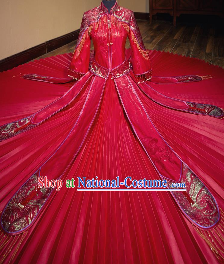 Chinese Traditional Wedding Toast Xiuhe Suit Ancient Bride Embroidered Red Full Dress for Women