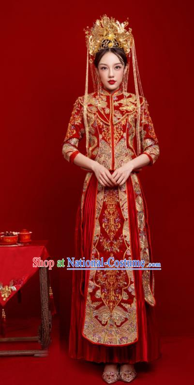 Chinese Traditional Wedding Toast Red Xiuhe Suit Ancient Bride Embroidered Full Dress for Women