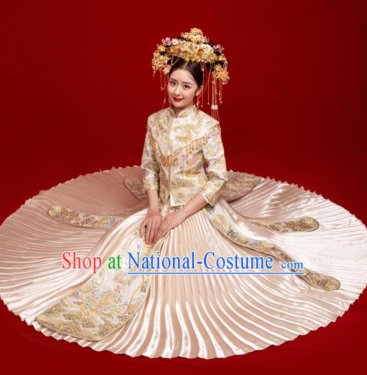 Chinese Traditional Wedding Toast White Xiuhe Suit Ancient Bride Embroidered Full Dress for Women