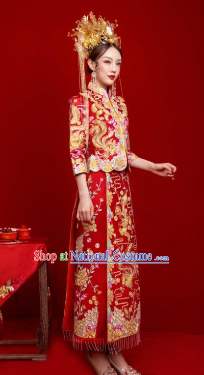 Chinese Traditional Wedding Toast Dragon Phoenix Xiuhe Suit Ancient Bride Embroidered Full Dress for Women