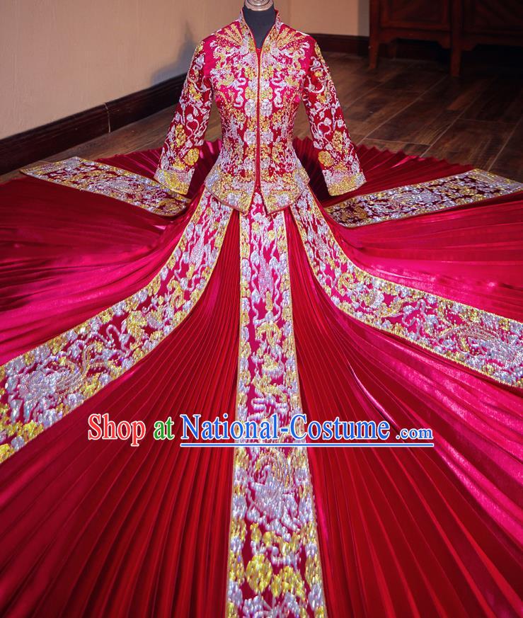 Chinese Traditional Wedding Costumes Toast Red Xiuhe Suit Ancient Bride Embroidered Full Dress for Women