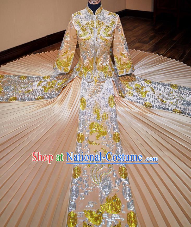 Chinese Traditional Wedding Costumes Toast Champagne Xiuhe Suit Ancient Bride Embroidered Full Dress for Women