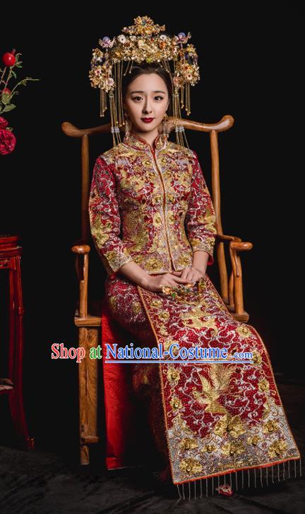 Chinese Traditional Wedding Costumes Embroidered Phoenix Toast Xiuhe Suit Ancient Bride Full Dress for Women