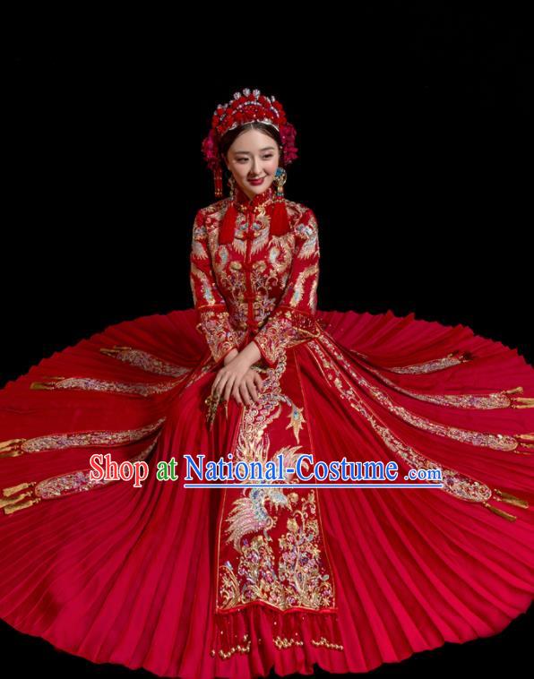 Chinese Traditional Wedding Toast Costumes Embroidered Xiuhe Suit Ancient Bride Full Dress for Women