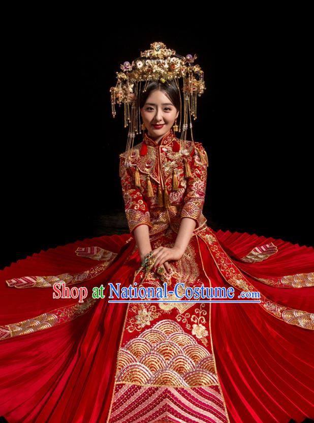 Chinese Traditional Wedding Toast Costumes Embroidered Phoenix Xiuhe Suit Ancient Bride Full Dress for Women