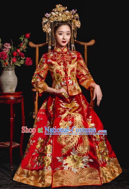 Chinese Traditional Wedding Toast Costumes Embroidered Phoenix Red Xiuhe Suit Ancient Bride Full Dress for Women