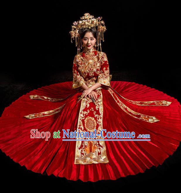 Chinese Traditional Wedding Toast Costumes Embroidered Red Xiuhe Suit Ancient Bride Full Dress for Women