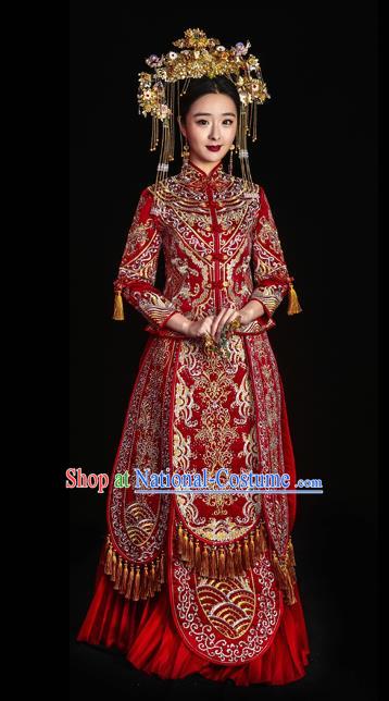 Chinese Traditional Wedding Toast Longfeng Flown Costumes Embroidered Red Xiuhe Suit Ancient Bride Full Dress for Women