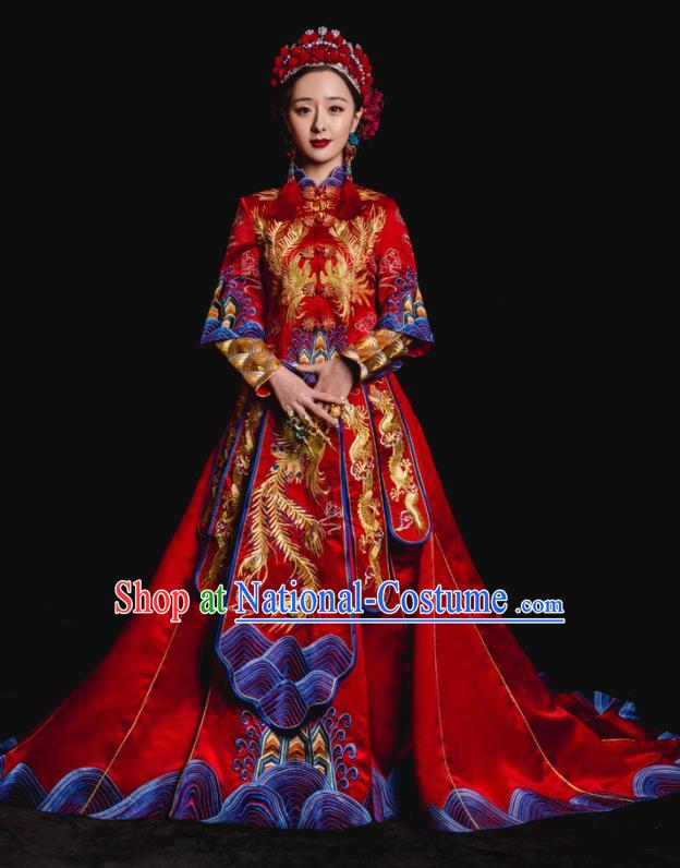 Chinese Traditional Wedding Toast Trailing Costumes Embroidered Red Xiuhe Suit Ancient Bride Full Dress for Women