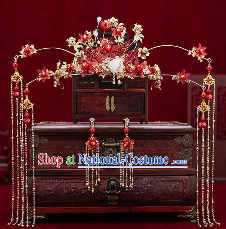 Chinese Traditional Bride Red Leaf Phoenix Coronet Handmade Hairpins Wedding Hair Accessories for Women