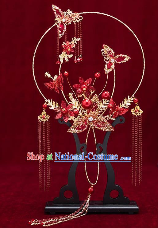 Chinese Traditional Wedding Palace Fans Ancient Bride Prop Red Round Fan for Women