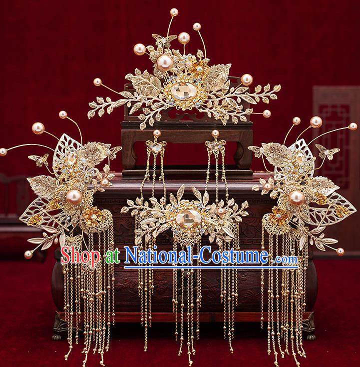 Chinese Traditional Bride Golden Hair Crown Handmade Hairpins Wedding Hair Accessories Complete Set for Women