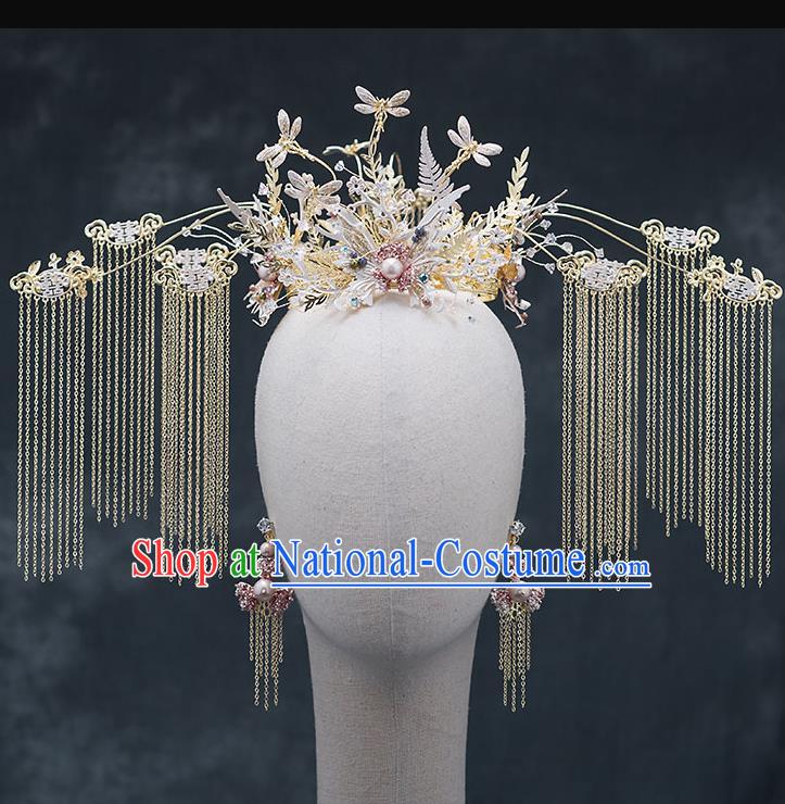 Chinese Traditional Bride Dragonfly Phoenix Coronet Handmade Hairpins Wedding Hair Accessories Complete Set for Women