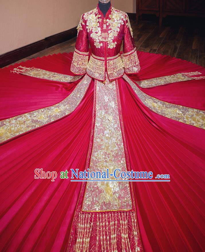 Chinese Traditional Wedding Red Costumes Toast Xiuhe Suit Ancient Bride Embroidered Full Dress for Women