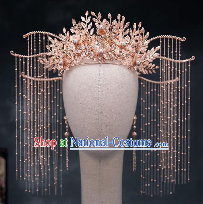 Chinese Traditional Bride Tassel Hair Crown Handmade Hairpins Wedding Hair Accessories Complete Set for Women