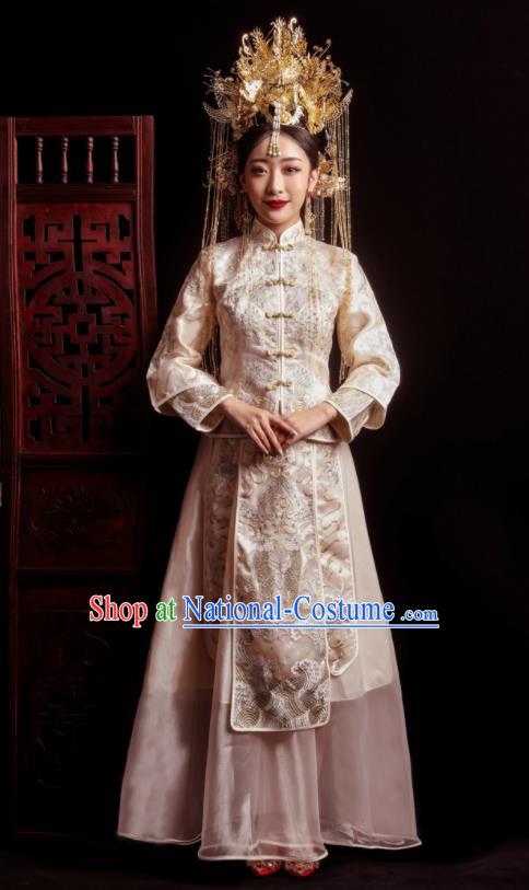 Chinese Traditional Wedding White Costumes Toast Xiuhe Suit Ancient Bride Embroidered Full Dress for Women